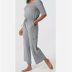 AnyBody Cozy Knit Elbow-Sleeve Cargo Jumpsuit Elastic Waist Light Gray Womens L